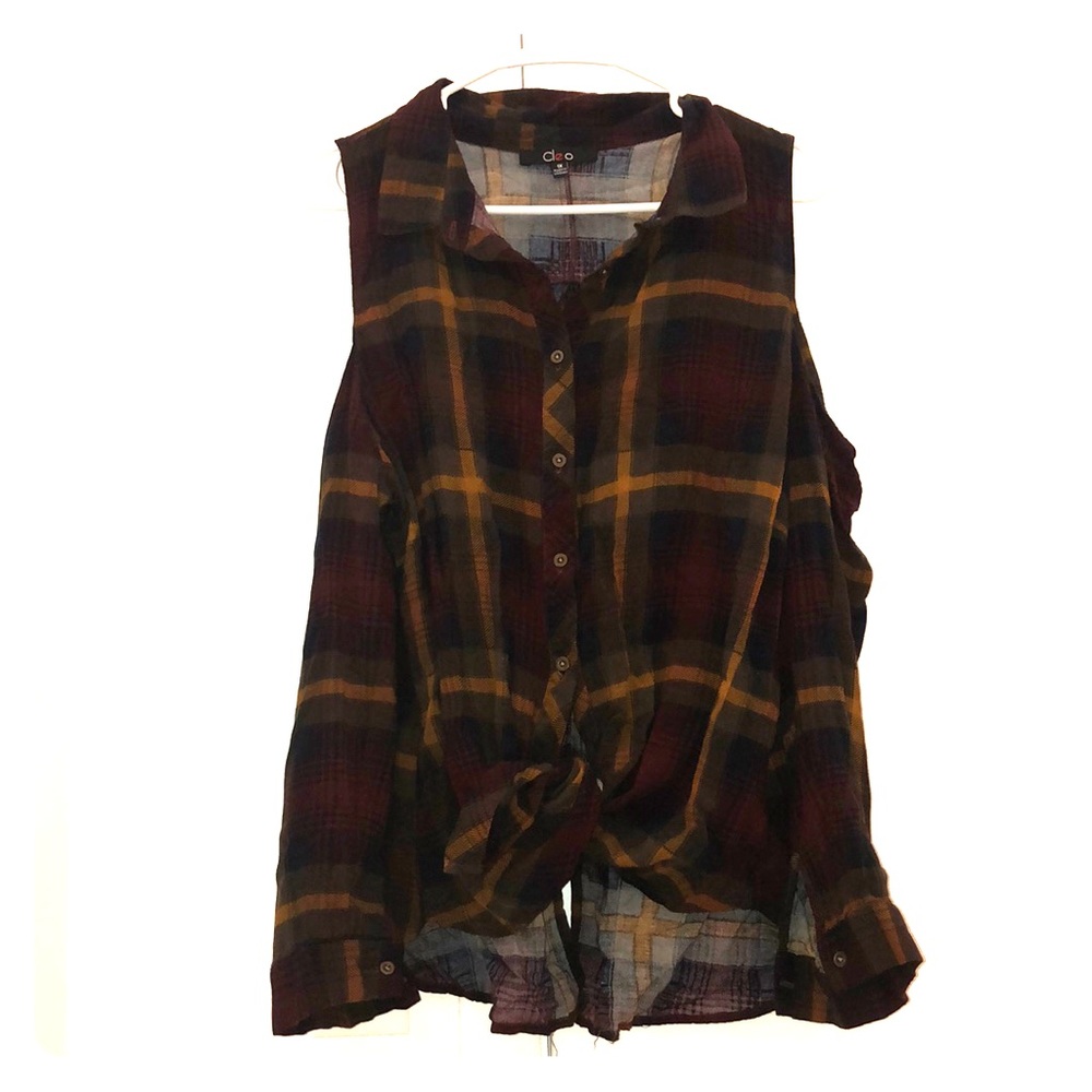 Open Shoulder Plaid Button Down Shirt
